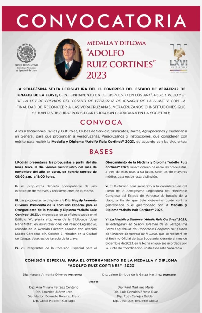 Convocatoria para el Otorgamiento de la Medalla y Diploma «Adolfo Ruiz Cortines» 2023.